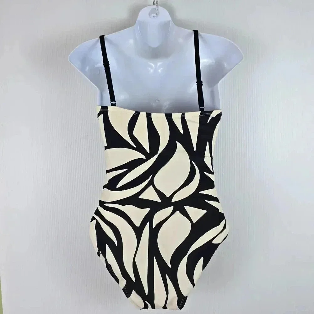 NWT Sanctuary Women’s Black Cream Abstract Print Ruched One Piece Swimsuit Small